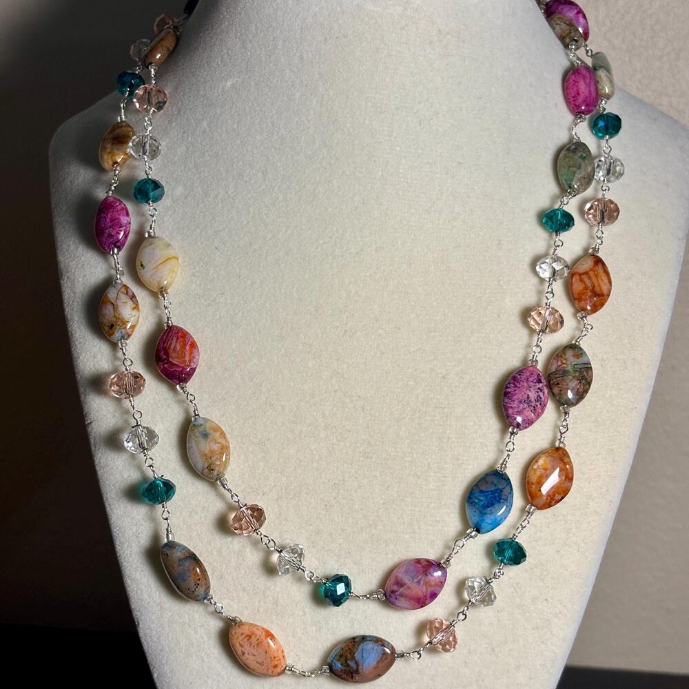 Artistic Layered Necklace: Multicolor Marbled Stone-Look Glass Beads